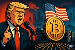 Trump en discours face à une grande pièce ₿, racks de minage et drapeau US, skyline de Miami et Maison Blanche en arrière-plan, éclairage dramatique.