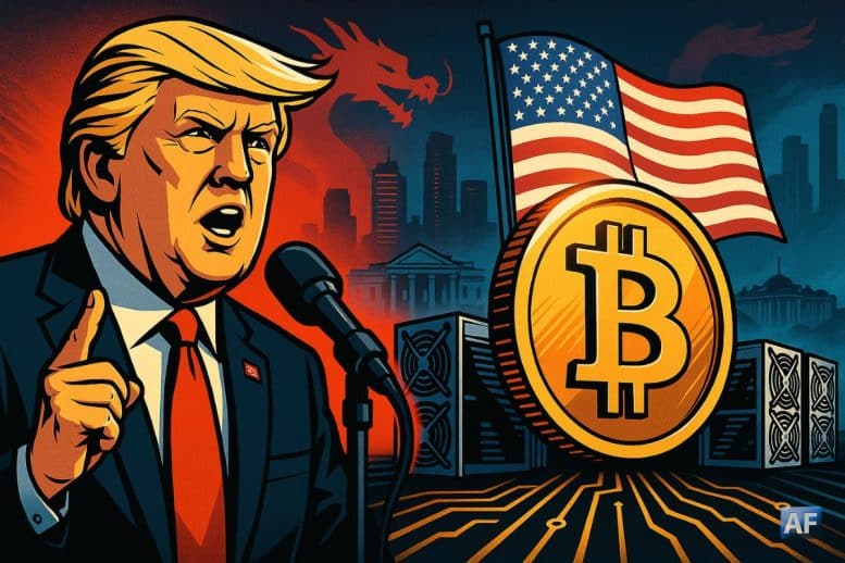 Trump en discours face à une grande pièce ₿, racks de minage et drapeau US, skyline de Miami et Maison Blanche en arrière-plan, éclairage dramatique.