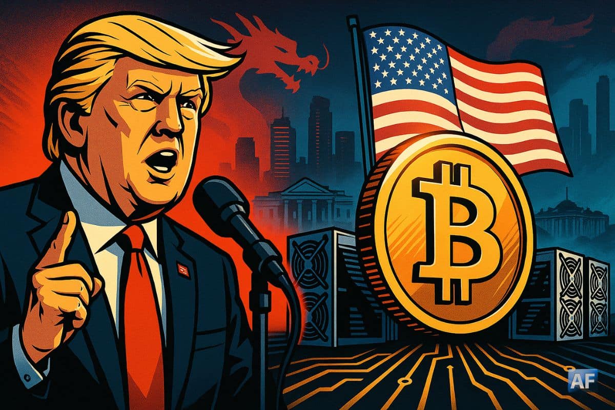 Trump en discours face à une grande pièce ₿, racks de minage et drapeau US, skyline de Miami et Maison Blanche en arrière-plan, éclairage dramatique.