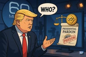 Une scène en plateau télé “60 Minutes” montre Trump niant connaître CZ face à un parchemin de « pardon présidentiel » surmonté d’un jeton BNB et d’une balance de justice.