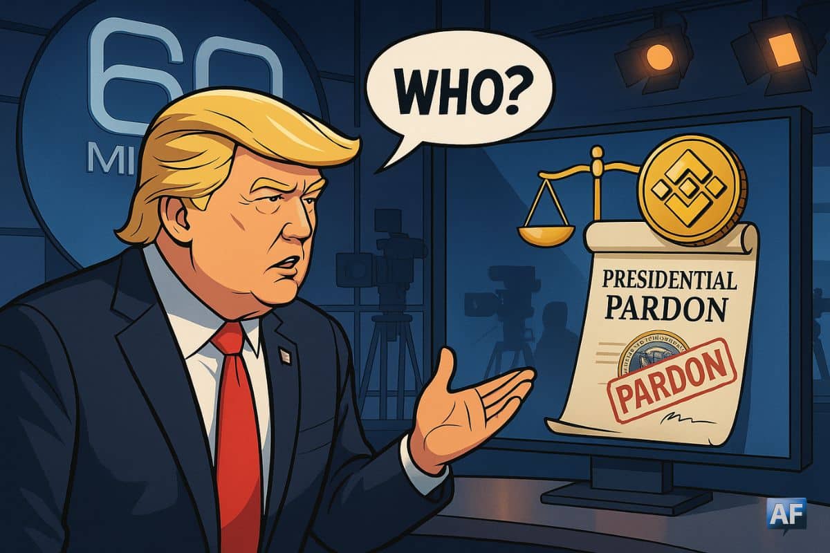 Une scène en plateau télé “60 Minutes” montre Trump niant connaître CZ face à un parchemin de « pardon présidentiel » surmonté d’un jeton BNB et d’une balance de justice.