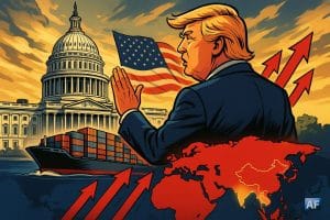 Donald Trump devant le Capitole, dominant une carte du monde où Russie, Inde et Chine sont soulignées par des flèches rouges représentant des tarifs de 500 %.