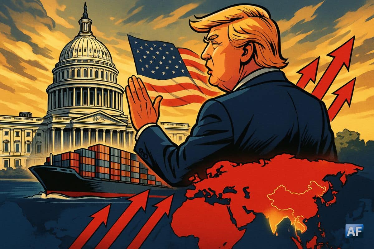 Donald Trump devant le Capitole, dominant une carte du monde où Russie, Inde et Chine sont soulignées par des flèches rouges représentant des tarifs de 500 %.