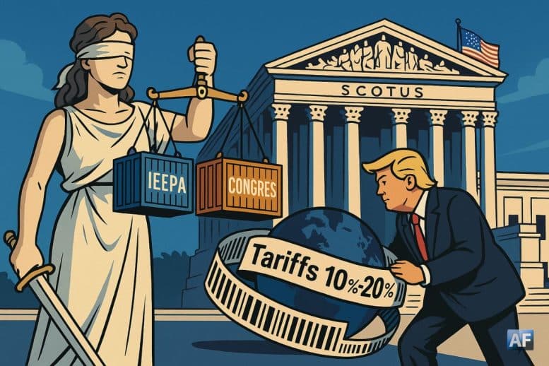 Lady Justice pèse l’IEEPA face au Congrès tandis qu’une silhouette de Trump tente d’enrouler le globe d’un ruban « Tariffs 10–20 % » devant le fronton de la Cour suprême.