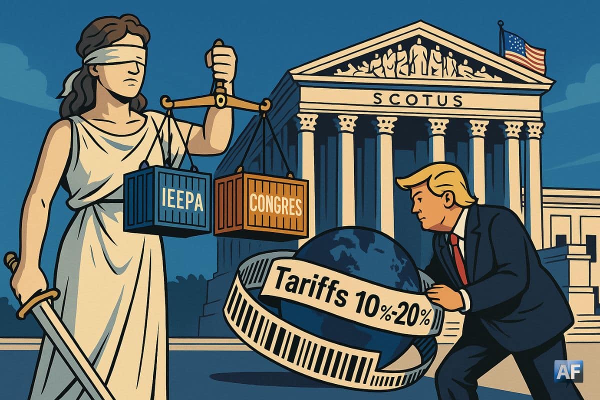Lady Justice pèse l’IEEPA face au Congrès tandis qu’une silhouette de Trump tente d’enrouler le globe d’un ruban « Tariffs 10–20 % » devant le fronton de la Cour suprême.