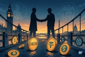Un pont symbolique Londres–Washington où des pièces “stablecoin” traversent des garde-fous réglementaires, tandis que les silhouettes de la BoE et de la Fed se serrent la main au crépuscule.