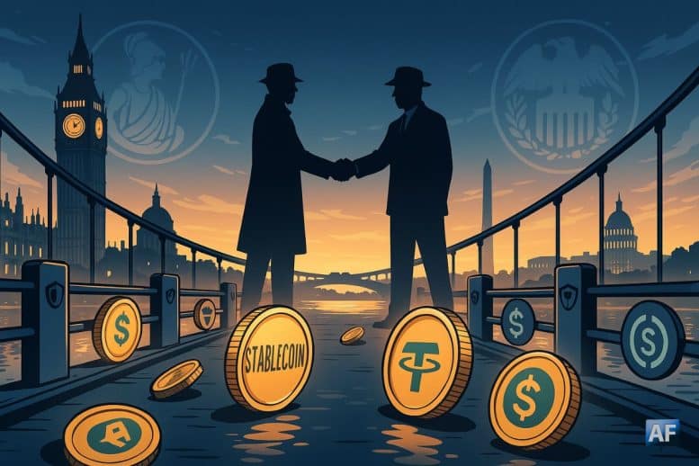 Un pont symbolique Londres–Washington où des pièces “stablecoin” traversent des garde-fous réglementaires, tandis que les silhouettes de la BoE et de la Fed se serrent la main au crépuscule.