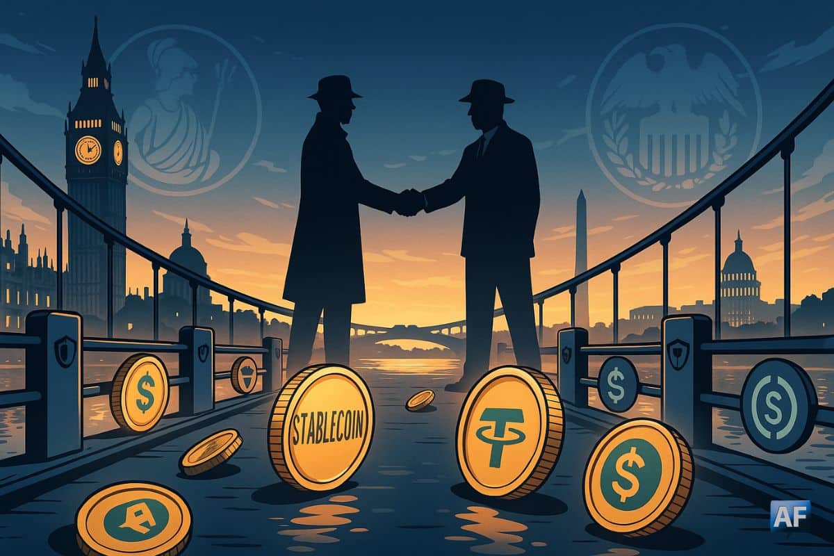 Un pont symbolique Londres–Washington où des pièces “stablecoin” traversent des garde-fous réglementaires, tandis que les silhouettes de la BoE et de la Fed se serrent la main au crépuscule.