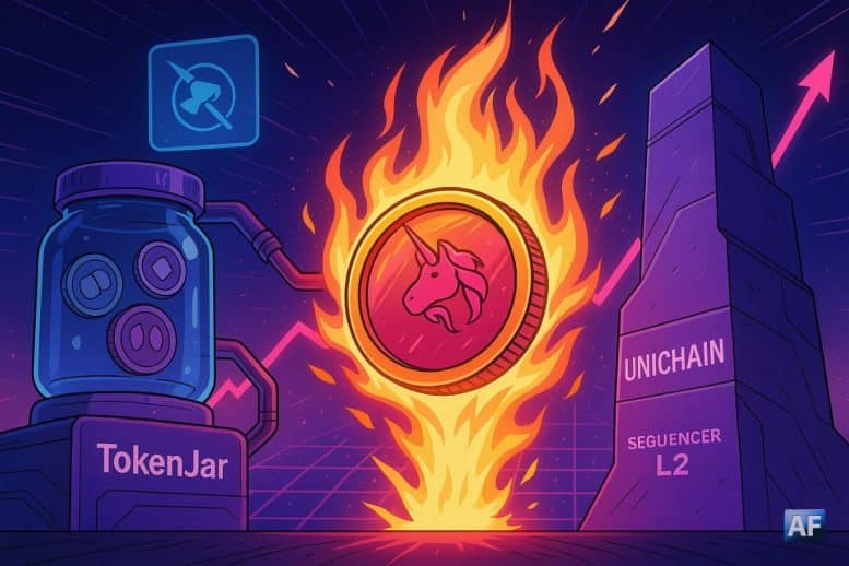 Une pièce UNI enflammée, nourrie par TokenJar, v4 et Unichain, rayonne au centre d’une scène néon où tous les flux on-chain convergent.