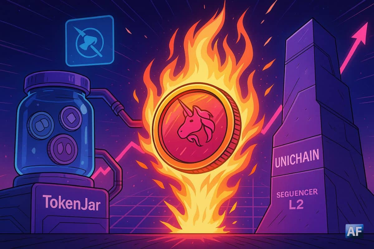 Une pièce UNI enflammée, nourrie par TokenJar, v4 et Unichain, rayonne au centre d’une scène néon où tous les flux on-chain convergent.