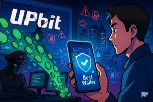 Un jeune investisseur tient son smartphone affichant Best Wallet face à un écran géant Upbit fissuré d’où s’échappent des jetons Solana, tandis qu’un hacker en uniforme militaire opère dans l’ombre sur fond de skyline nocturne.
