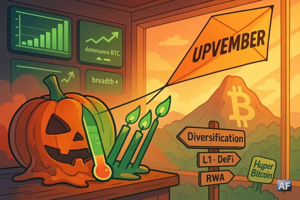 Une citrouille d’« octobre rouge » fond pendant qu’un cerf-volant « UPVEMBER » s’élève au-dessus d’une montagne-Bitcoin, signalant la bascule vers un marché plus porteur et diversifié.