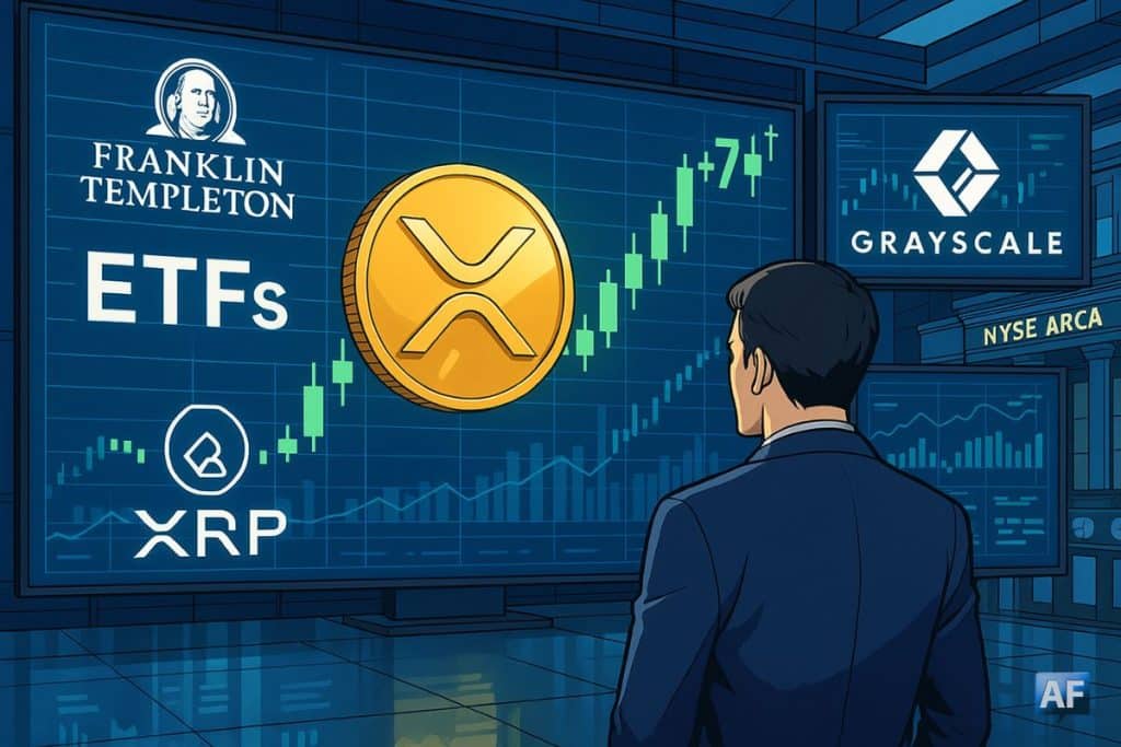 Un trader de dos observe, dans une salle de marché futuriste, un écran géant affichant une pièce XRP dorée, des graphiques haussiers et les logos Franklin Templeton, Grayscale et NYSE Arca.