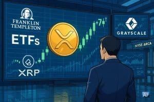 Un trader de dos observe, dans une salle de marché futuriste, un écran géant affichant une pièce XRP dorée, des graphiques haussiers et les logos Franklin Templeton, Grayscale et NYSE Arca.