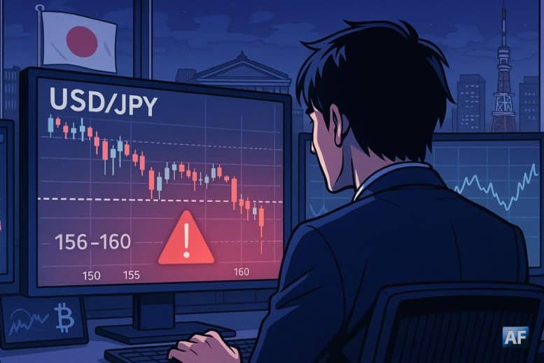 Un trader japonais concentré devant des écrans USD/JPY en alerte, avec les symboles $, ¥ et ₿ qui se reflètent dans une salle de marché nocturne à Tokyo.