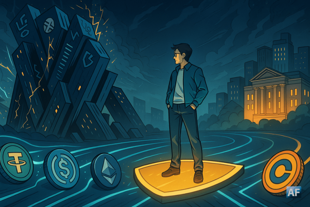 Un trader se tient sur un bouclier doré, regardant avec méfiance un enchevêtrement de formes représentant des collatéraux trop imbriqués.