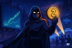 Un justicier masqué tient une pièce Zcash lumineuse au cœur d’une ville futuriste nocturne, tandis qu’en arrière-plan régulateurs et graphiques de marché soulignent le retour en force de la confidentialité crypto.