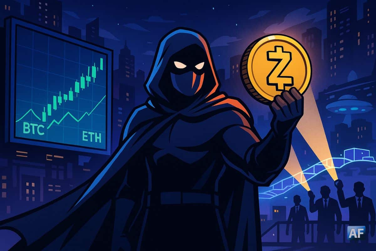 Un justicier masqué tient une pièce Zcash lumineuse au cœur d’une ville futuriste nocturne, tandis qu’en arrière-plan régulateurs et graphiques de marché soulignent le retour en force de la confidentialité crypto.