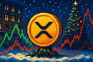Illustration du token XRP devant des graphiques financiers volatils, symbolisant les importants afflux dans les ETF XRP alors que le prix du token diminue.