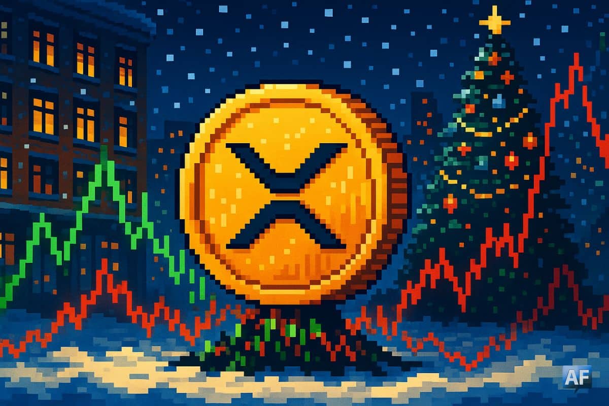 Illustration du token XRP devant des graphiques financiers volatils, symbolisant les importants afflux dans les ETF XRP alors que le prix du token diminue.