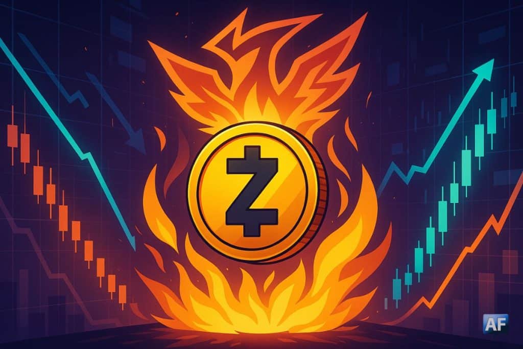 Illustration style manga représentant la pièce Zcash (ZEC) entourée de graphiques montrant une baisse suivie d’un rebond technique.