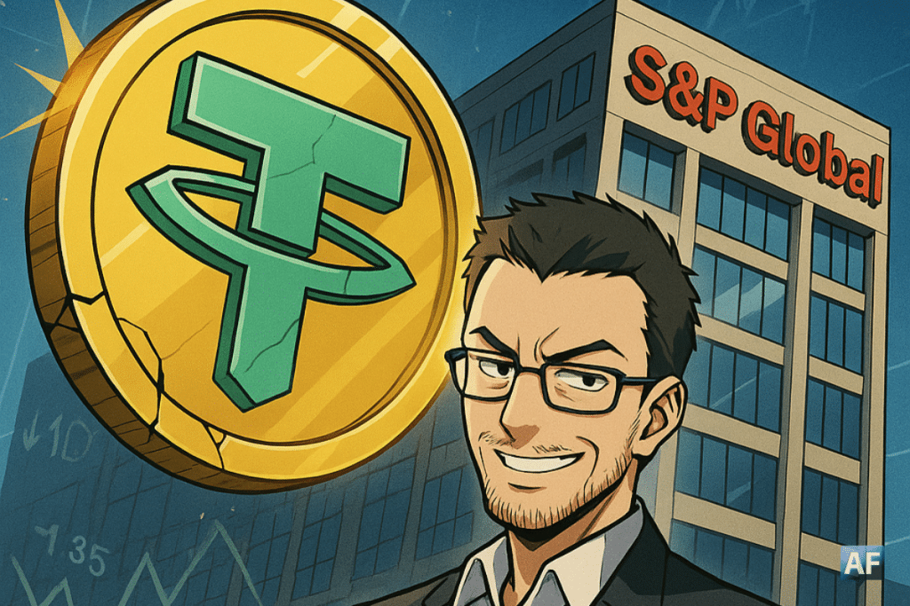 Illustration de Paolo Ardoino faisant face à un jeton USDT fragilisé, avec le siège de S&P Global en arrière-plan, symbolisant la controverse autour de la notation du stablecoin.