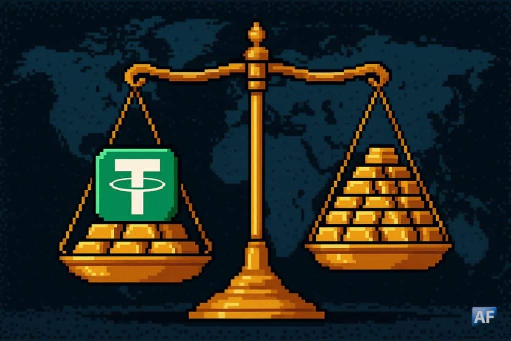 Balance symbolisant la rivalité entre Tether et les banques centrales pour l’achat d’or, avec le logo USDT posé sur des lingots.
