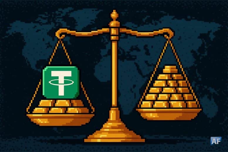 Balance symbolisant la rivalité entre Tether et les banques centrales pour l’achat d’or, avec le logo USDT posé sur des lingots.