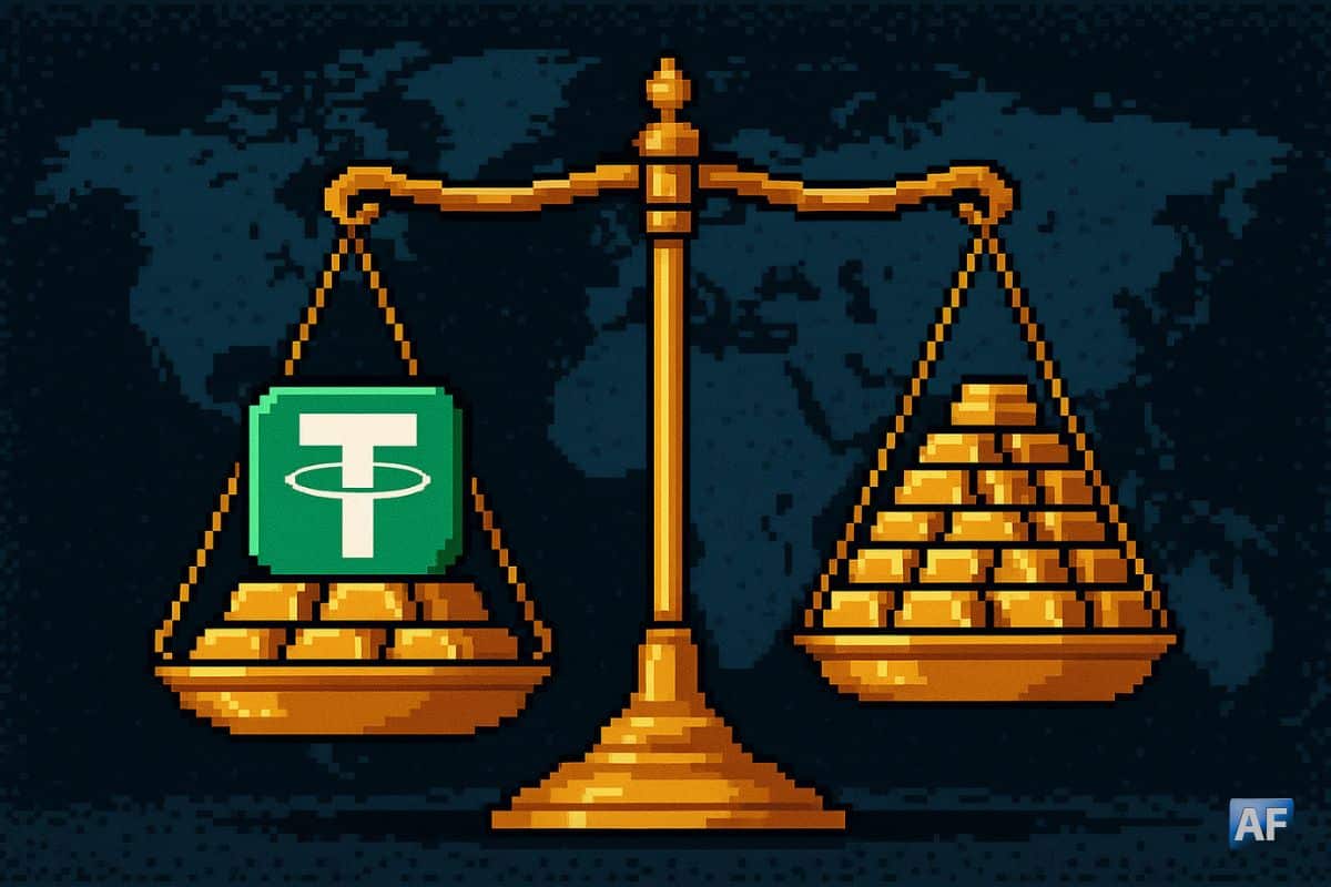 Balance symbolisant la rivalité entre Tether et les banques centrales pour l’achat d’or, avec le logo USDT posé sur des lingots.