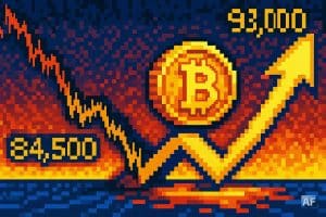 Illustration pixelisée montrant un Bitcoin doré rebondissant fortement, avec un graphique volatil passant de 84 500 $ à 93 000 $, tons chauds et ambiance dynamique.