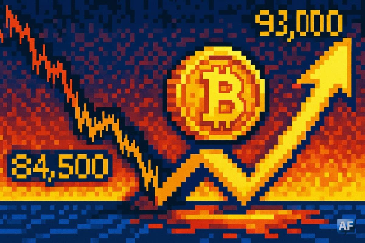 Illustration pixelisée montrant un Bitcoin doré rebondissant fortement, avec un graphique volatil passant de 84 500 $ à 93 000 $, tons chauds et ambiance dynamique.