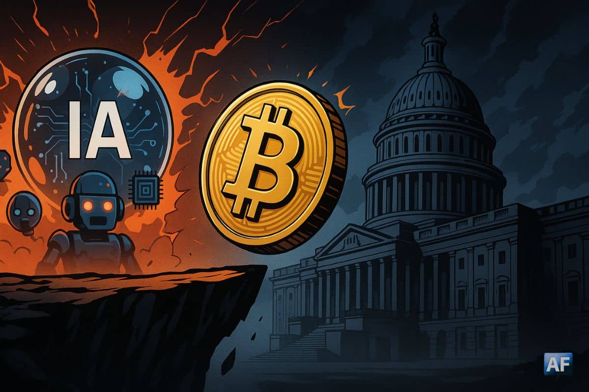 Illustration en style manga montrant un Bitcoin en équilibre au-dessus d’un vide, menacé d’un côté par une bulle technologique liée à l’IA et de l’autre par les bâtiments du gouvernement américain symbolisant un risque réglementaire.