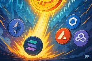 Illustration de style manga montrant un Bitcoin en forte ascension entouré d’altcoins comme Ethereum, Solana, Chainlink, Avalanche et Polygon, symbolisant une possible reprise du marché crypto.
