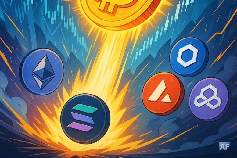 Illustration de style manga montrant un Bitcoin en forte ascension entouré d’altcoins comme Ethereum, Solana, Chainlink, Avalanche et Polygon, symbolisant une possible reprise du marché crypto.