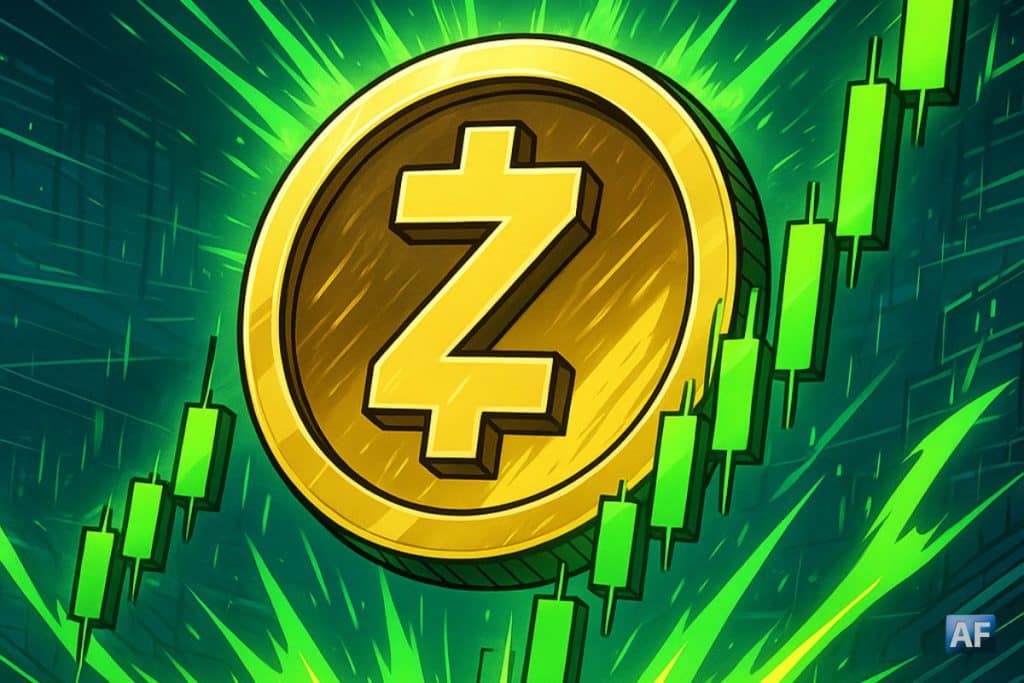 Logo Zcash doré entouré de chandeliers verts symbolisant une forte reprise du cours après un short squeeze, dans un style manga dynamique.