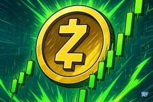 Logo Zcash doré entouré de chandeliers verts symbolisant une forte reprise du cours après un short squeeze, dans un style manga dynamique.
