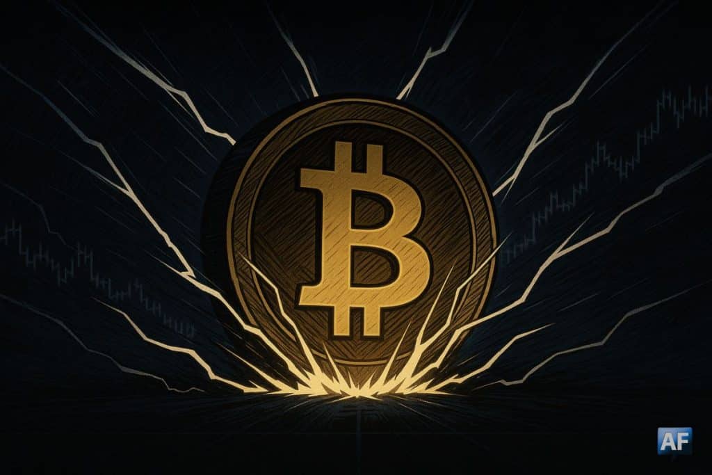 Image réaliste d’un Bitcoin posé devant un graphique montrant une zone de prix étroite et une volatilité comprimée.