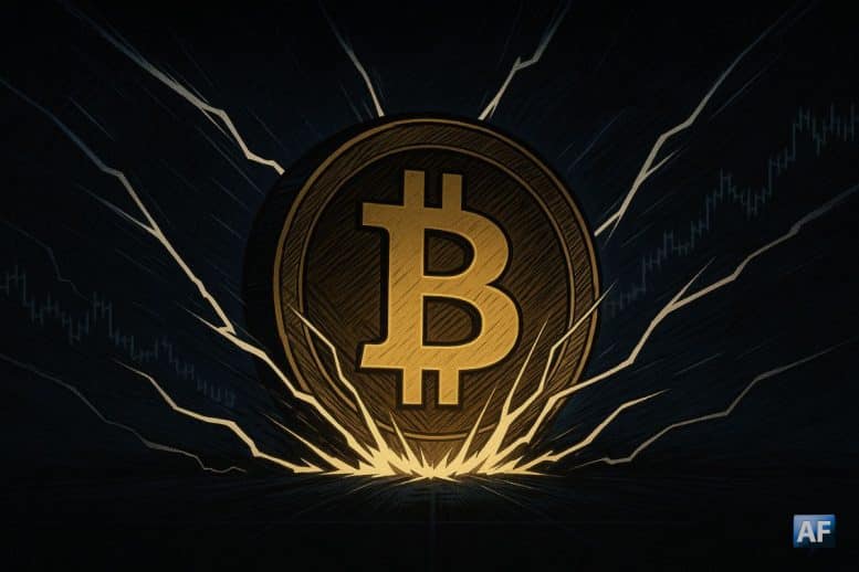 Image réaliste d’un Bitcoin posé devant un graphique montrant une zone de prix étroite et une volatilité comprimée.