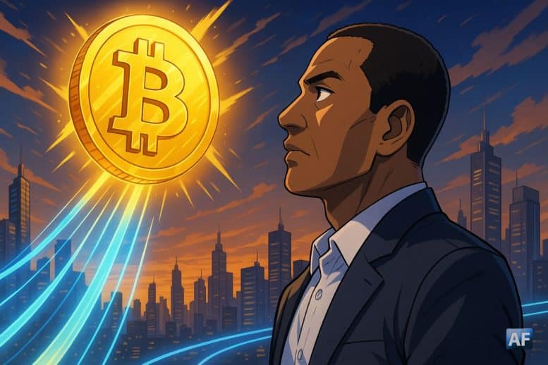 Illustration anime d’Arthur Hayes devant un Bitcoin géant, entouré des logos d’Ethereum, Solana, Zcash et Ethena, symbolisant ses prévisions haussières.