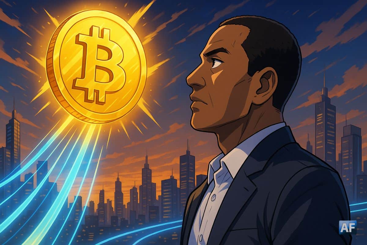 Illustration anime d’Arthur Hayes devant un Bitcoin géant, entouré des logos d’Ethereum, Solana, Zcash et Ethena, symbolisant ses prévisions haussières.