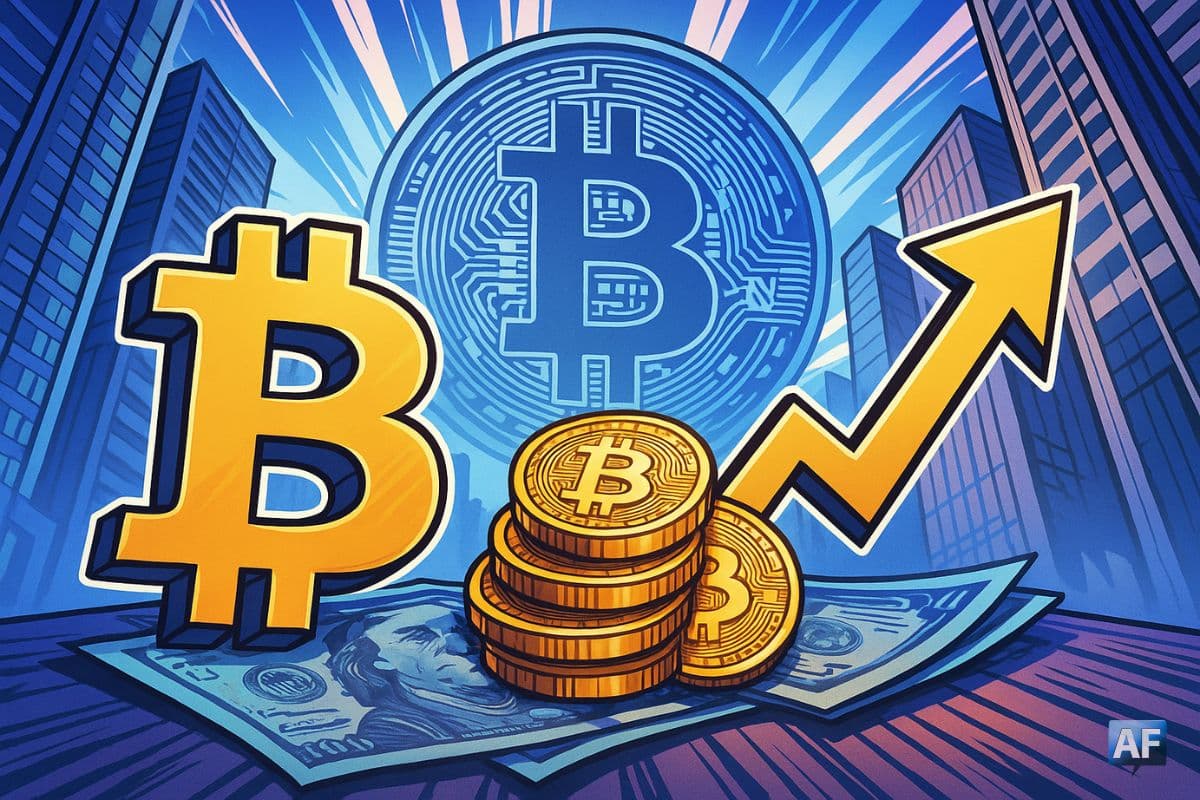 Illustration manga aux couleurs bleues et violettes représentant un symbole Bitcoin doré, une flèche ascendante et une ville en arrière-plan flou, symbolisant la croissance portée par les ETF et les investissements institutionnels.