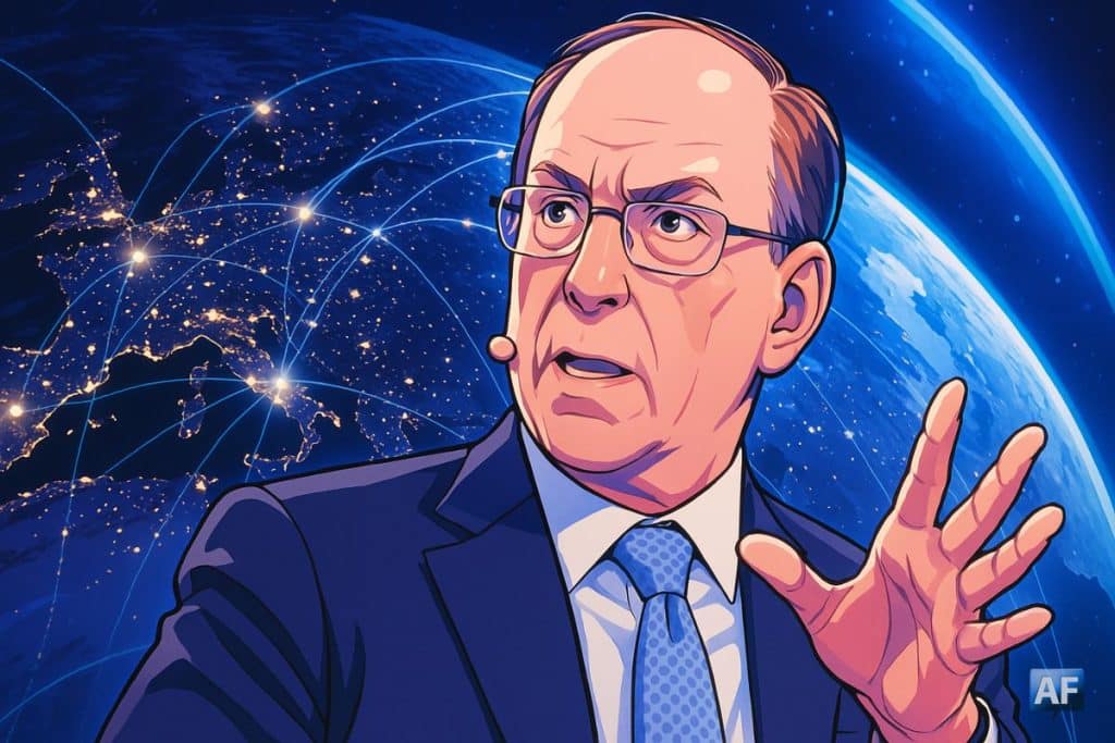 Illustration manga de Larry Fink présentant la vision de BlackRock sur la tokenisation, avec une Terre connectée et des couleurs bleu et violet symbolisant l’évolution des marchés financiers.