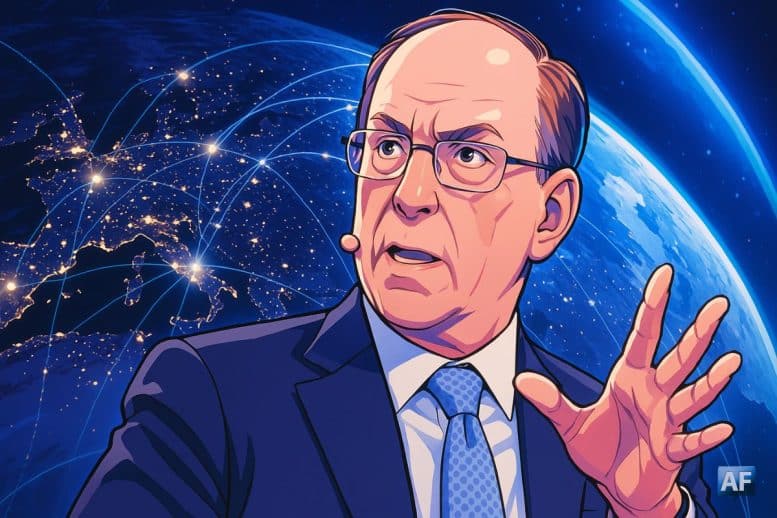 Illustration manga de Larry Fink présentant la vision de BlackRock sur la tokenisation, avec une Terre connectée et des couleurs bleu et violet symbolisant l’évolution des marchés financiers.