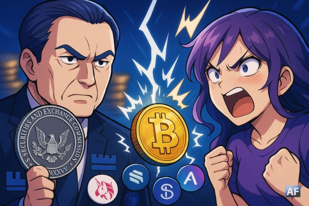Illustration manga dynamique montrant un affrontement entre un représentant de Citadel défendant un encadrement renforcé de la DeFi et un jeune membre de la communauté crypto réagissant avec colère, avec un Bitcoin lumineux au centre et des logos DeFi en arrière-plan flou dans des tons bleu et violet.