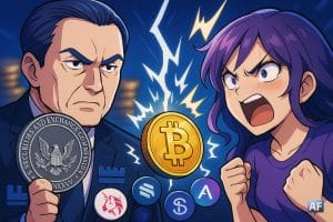 Illustration manga dynamique montrant un affrontement entre un représentant de Citadel défendant un encadrement renforcé de la DeFi et un jeune membre de la communauté crypto réagissant avec colère, avec un Bitcoin lumineux au centre et des logos DeFi en arrière-plan flou dans des tons bleu et violet.