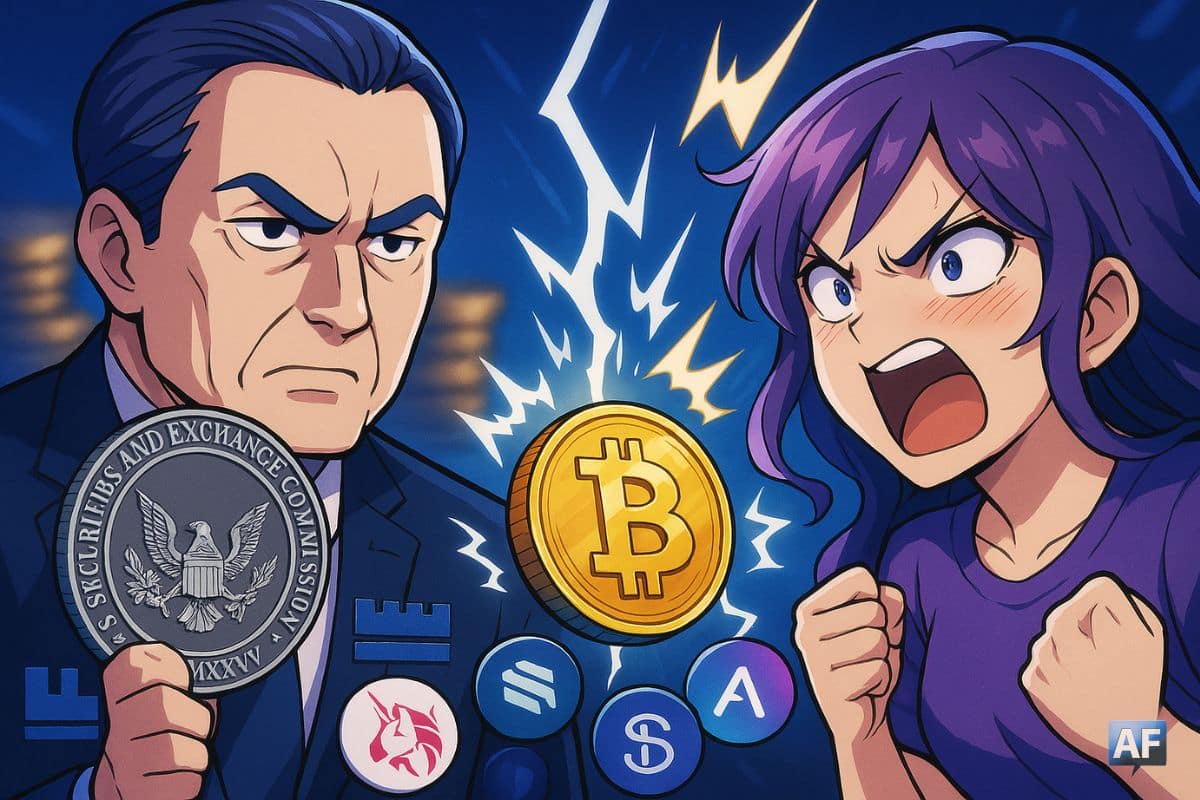 Illustration manga dynamique montrant un affrontement entre un représentant de Citadel défendant un encadrement renforcé de la DeFi et un jeune membre de la communauté crypto réagissant avec colère, avec un Bitcoin lumineux au centre et des logos DeFi en arrière-plan flou dans des tons bleu et violet.