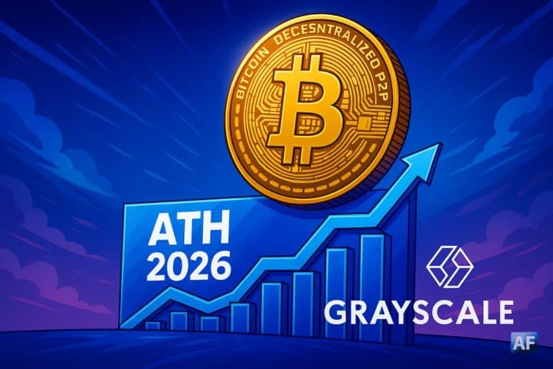 Manga crypto illustrant une forte hausse de Bitcoin, avec un graphique ascendant, un Bitcoin doré en premier plan, la mention ATH 2026 et le logo Grayscale.
