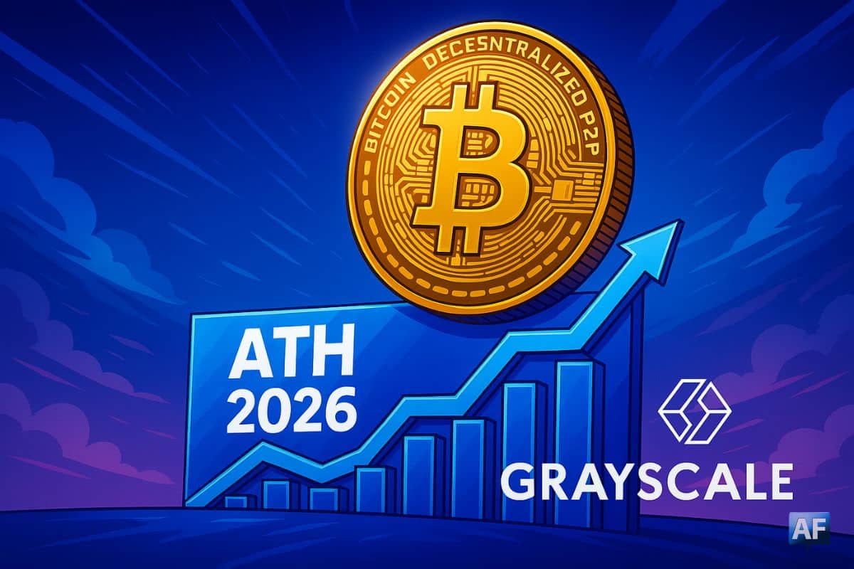 Manga crypto illustrant une forte hausse de Bitcoin, avec un graphique ascendant, un Bitcoin doré en premier plan, la mention ATH 2026 et le logo Grayscale.