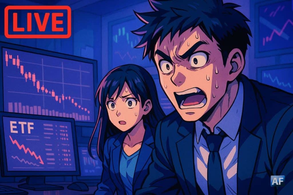 Illustration manga de deux analystes paniqués devant des écrans affichant des chutes de marché et des ETFs en forte baisse, avec un logo “LIVE” rouge en haut à gauche et une ambiance bleue/violette évoquant l’extrême peur sur les marchés crypto.