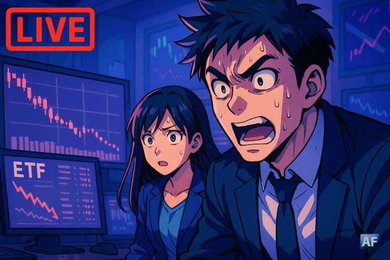 Illustration manga de deux analystes paniqués devant des écrans affichant des chutes de marché et des ETFs en forte baisse, avec un logo “LIVE” rouge en haut à gauche et une ambiance bleue/violette évoquant l’extrême peur sur les marchés crypto.
